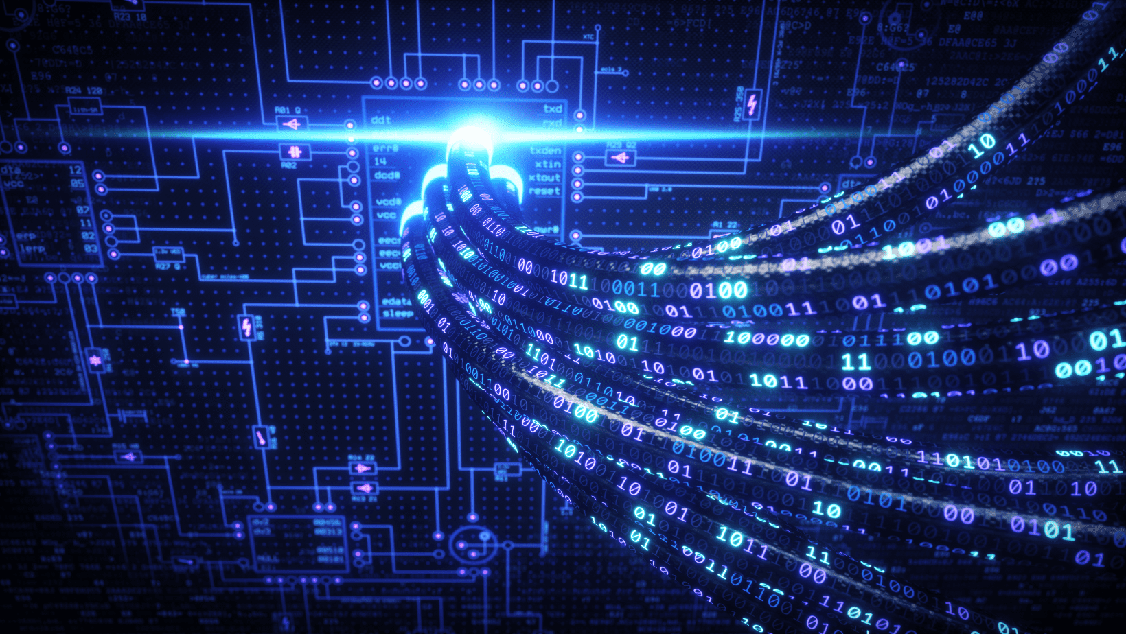 Digital circuit board with glowing binary code streams.