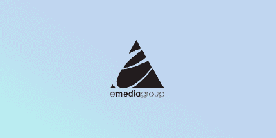 Logo of eMedia Group on a gradient background.